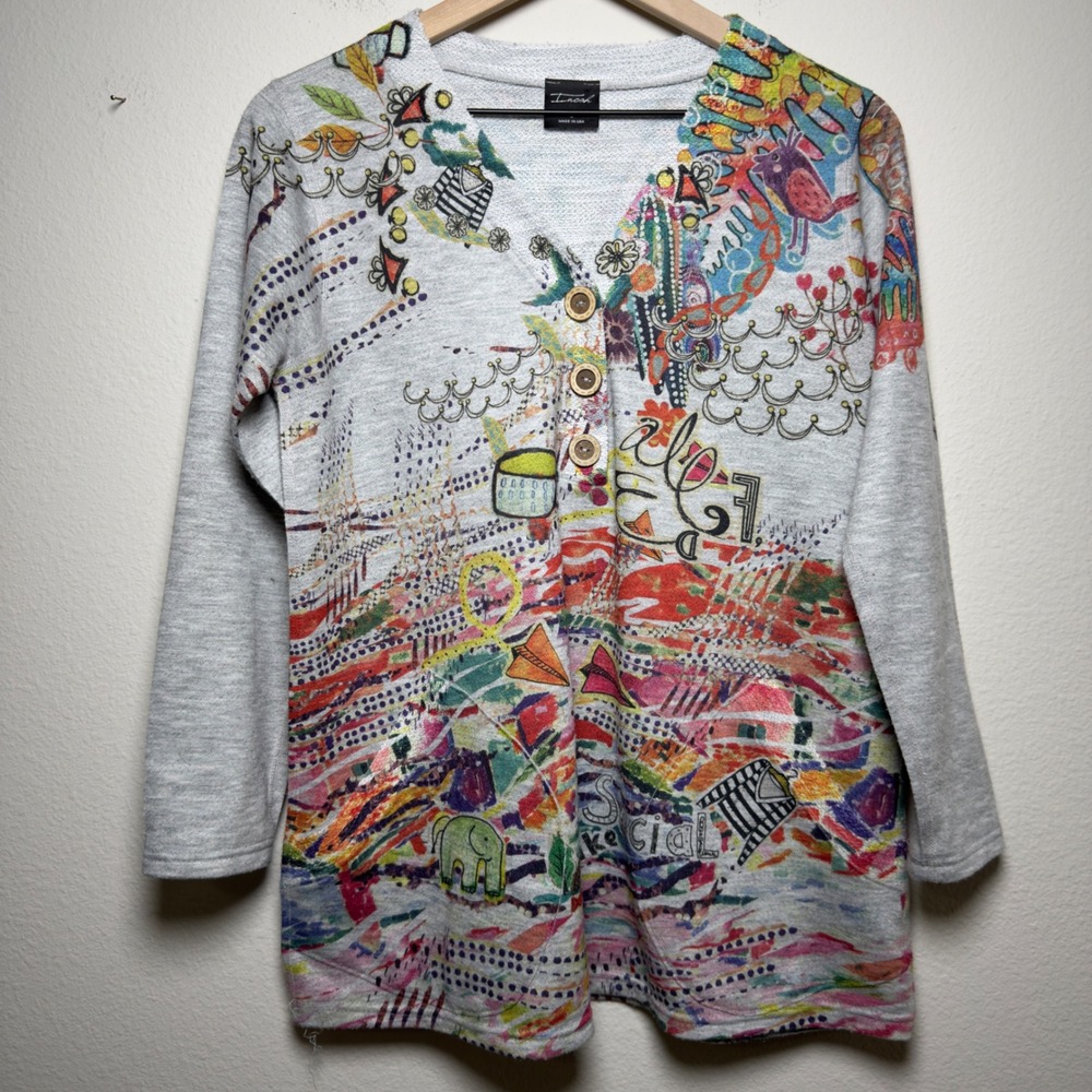 Inoah Women Knit Top Small Gray Art Graphic Henley Made in USA Lagenlook